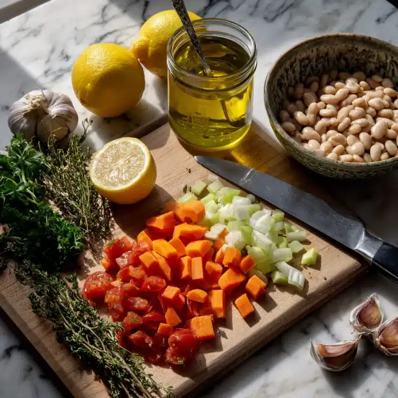 Flat lay of Mediterranean soup ingredients including beans, olive oil, herbs, and vegetables