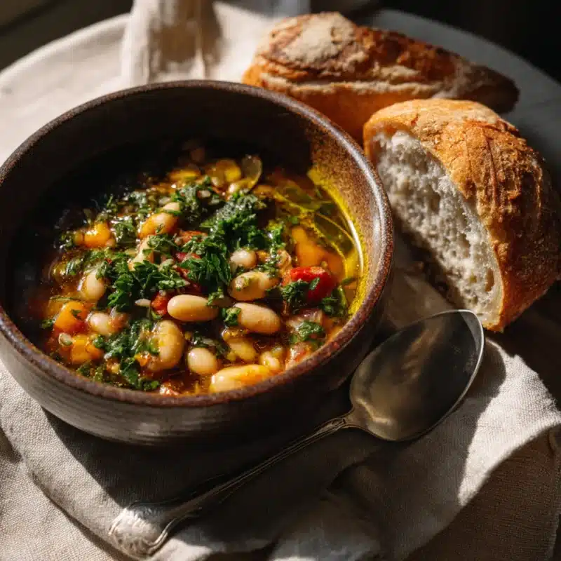 Image Mediterranean soup served with crusty bread and fresh herbs on a linen-covered table