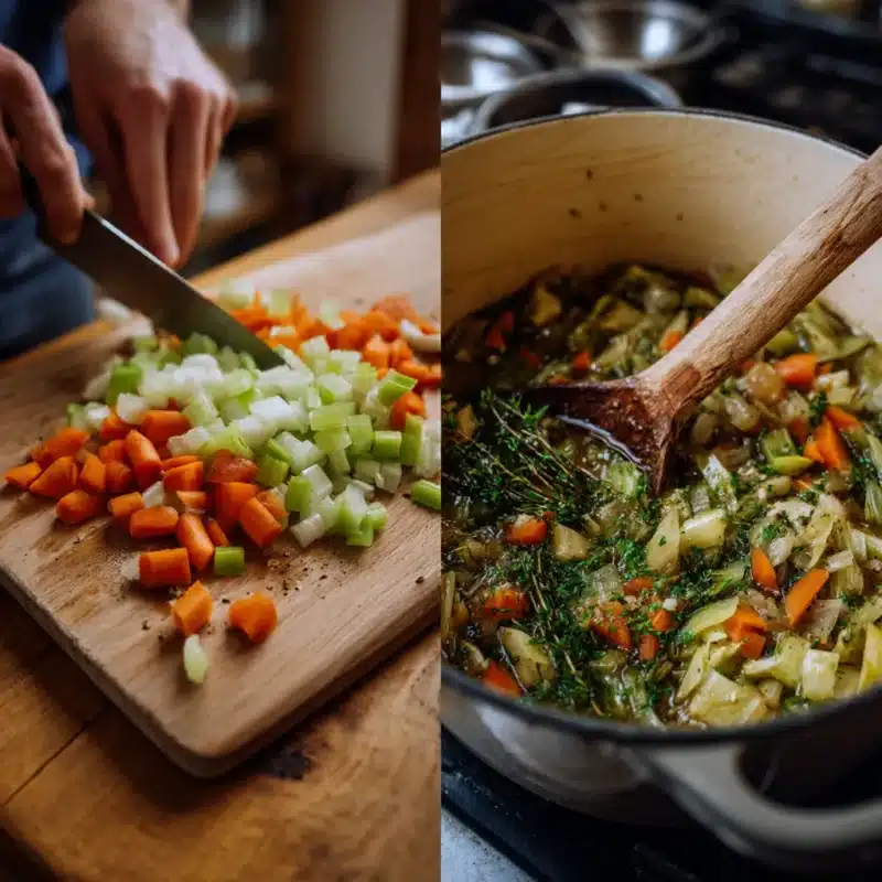 Prepping and sautéing vegetables for Mediterranean soup