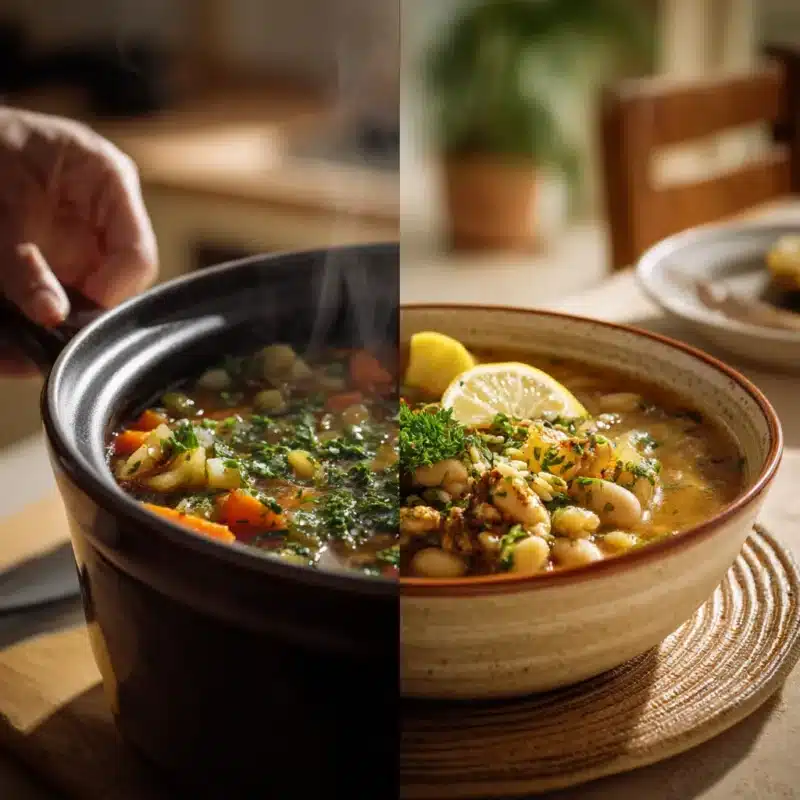 Pouring broth and plating Mediterranean soup with garnishes