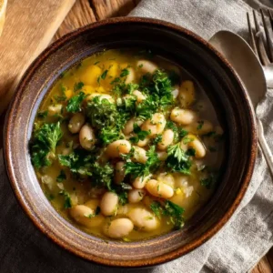 Mediterranean White Bean Soup in a rustic bowl with herbs and olive oil