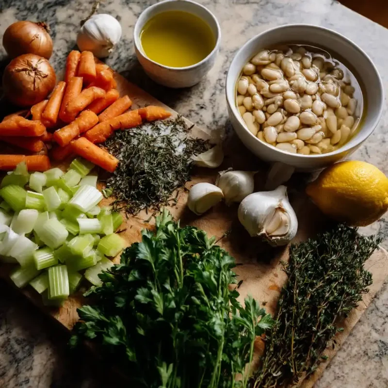 Flat lay of ingredients for Mediterranean White Bean Soup including beans, vegetables, and herbs