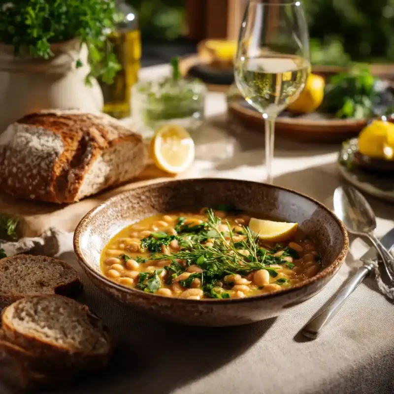 Served Mediterranean White Bean Soup with crusty bread and lemon garnish