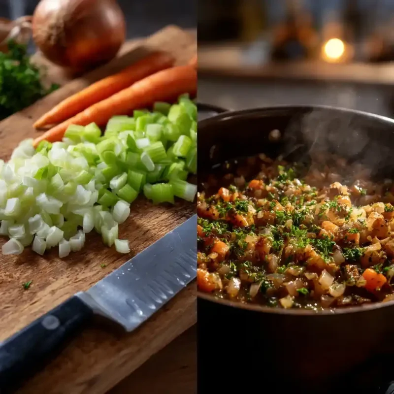 Chopping vegetables and sautéing aromatics for Mediterranean White Bean Soup