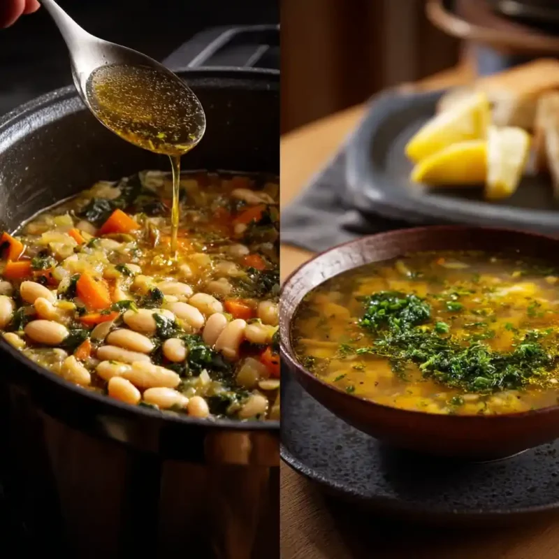 Adding beans and broth to the soup and garnishing for final plating
