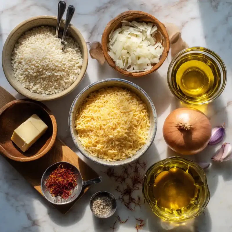 Ingredients flat lay for Risotto alla Milanese including rice, saffron, Parmesan, onion, and wine