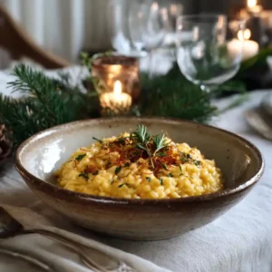 Served bowl of Risotto alla Milanese garnished with Parmesan and saffron threads
