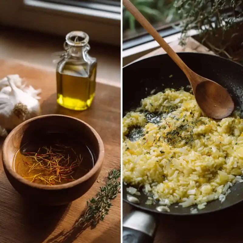 Soaking saffron in broth and sautéing onion for Risotto alla Milanese