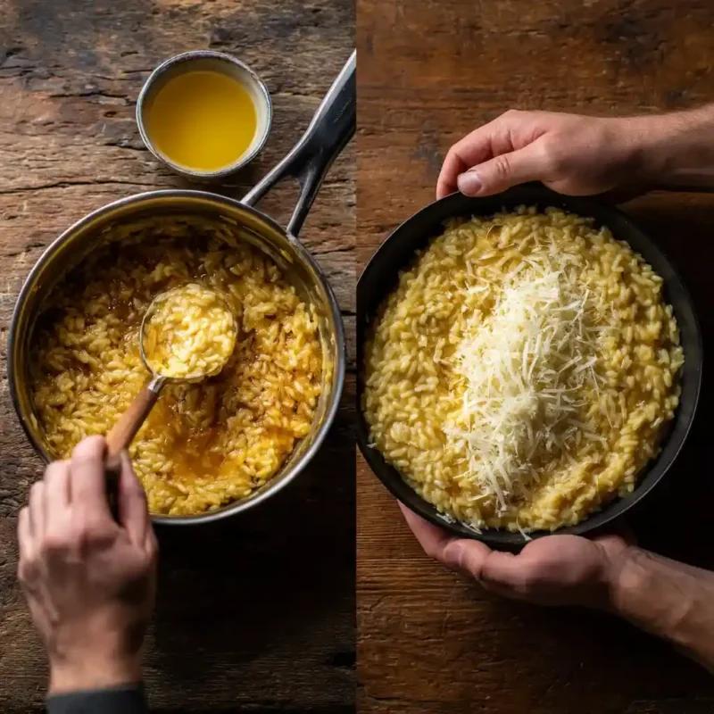 Stirring saffron broth into rice and finishing risotto with butter and cheese