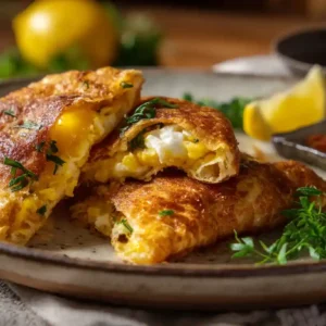 Tunisian Brik with crispy golden pastry and egg yolk center on a rustic plate