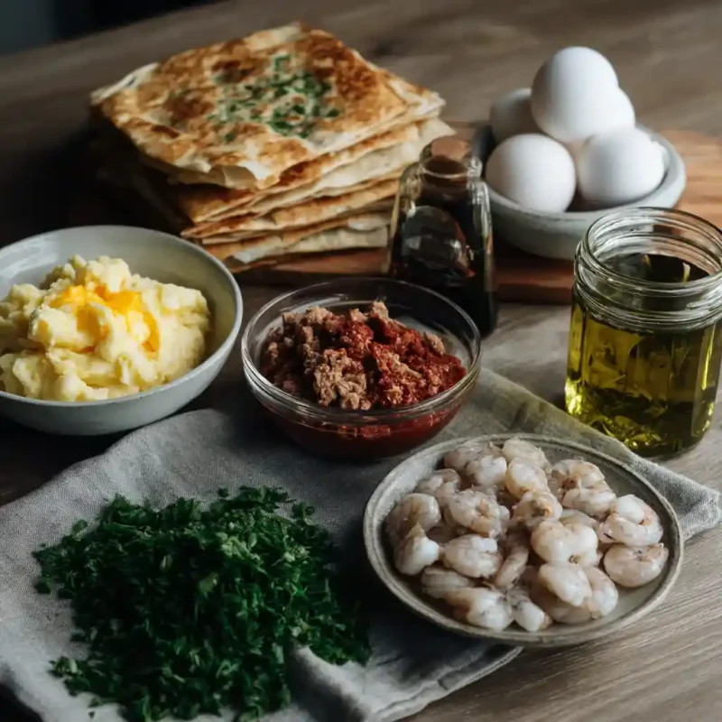 Flat lay of authentic Tunisian Brik ingredients including pastry, tuna, eggs, and parsley