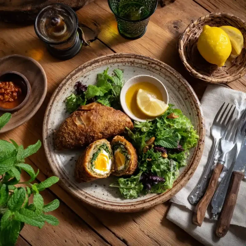 Plated Tunisian Brik with harissa, mechouia salad, and mint tea on a rustic table