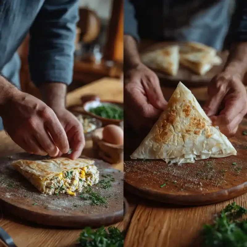 Filling and folding Tunisian Brik using traditional triangle technique