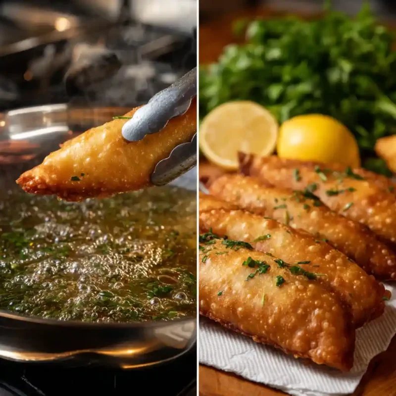 Frying Brik in oil and draining it on paper towel