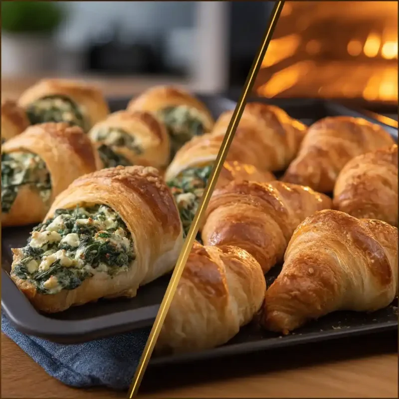 Split view of assembling croissant dough with filling and croissants baking in the oven