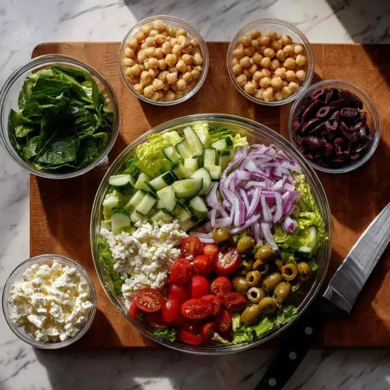 Ingredients of Costco Mediterranean Salad laid out on a kitchen surface