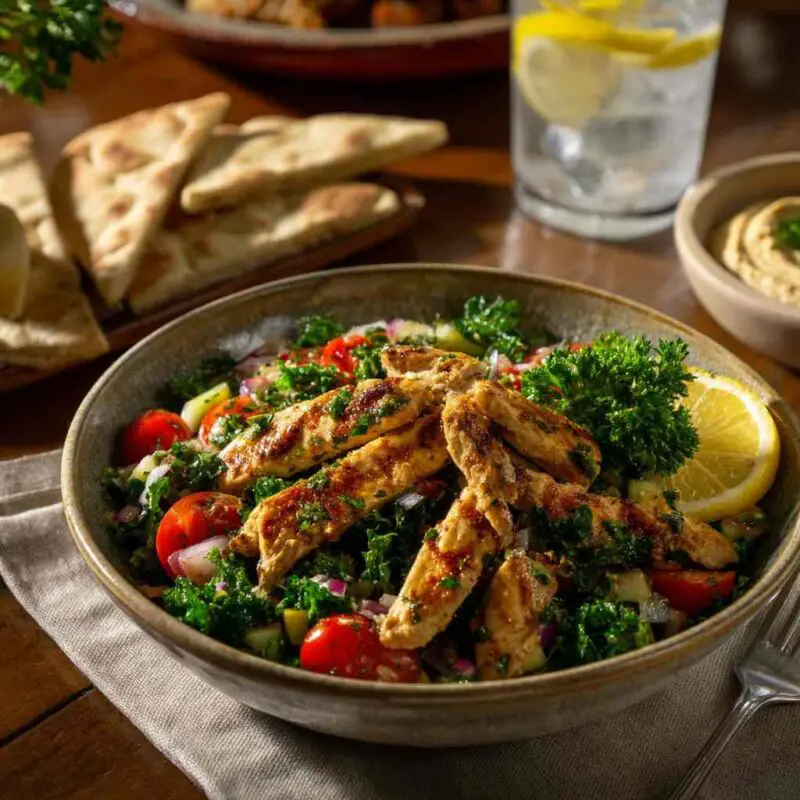 Costco-style Mediterranean Salad served with grilled chicken and pita on rustic table