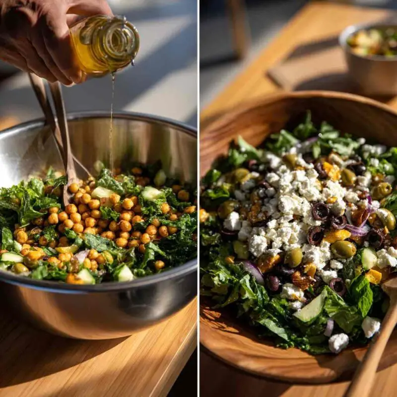 Tossing Costco Mediterranean Salad and adding toppings