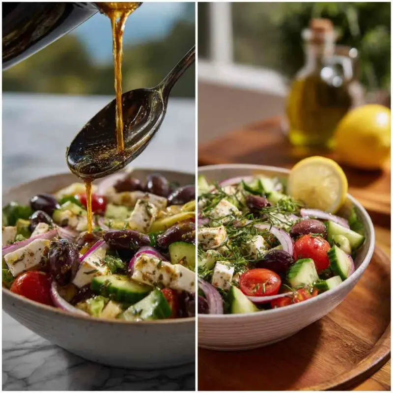 Drizzling dressing and final plating of Costco Mediterranean Salad