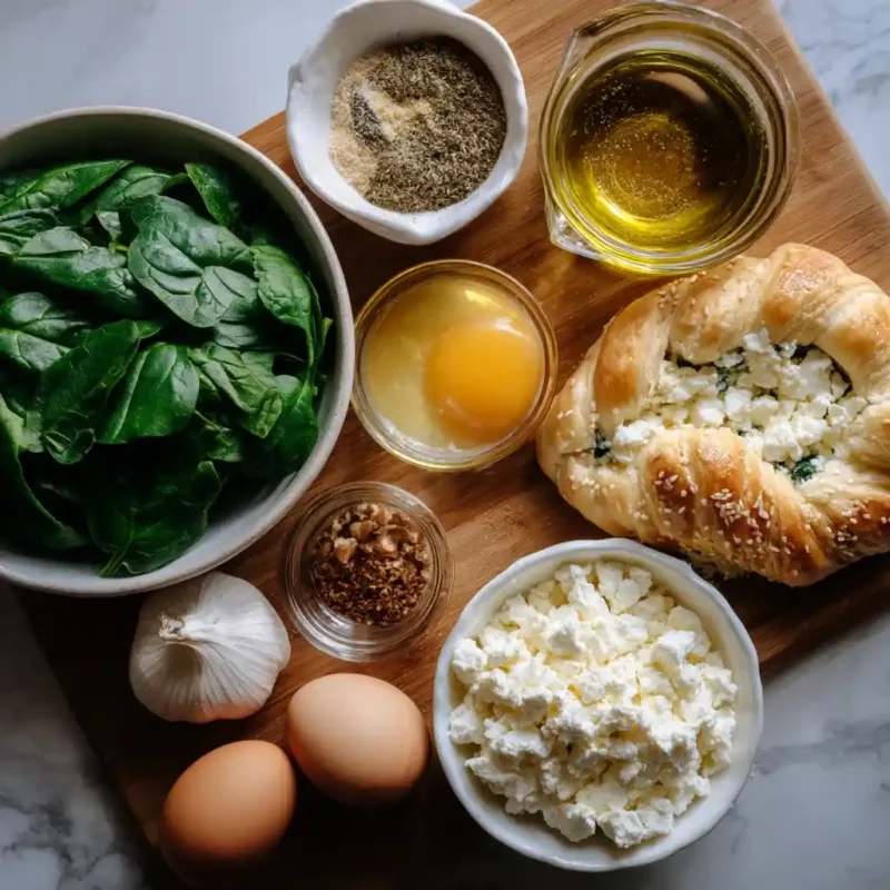 Flat lay of feta cheese, spinach, puff pastry, garlic, and olive oil ingredients for croissant filling