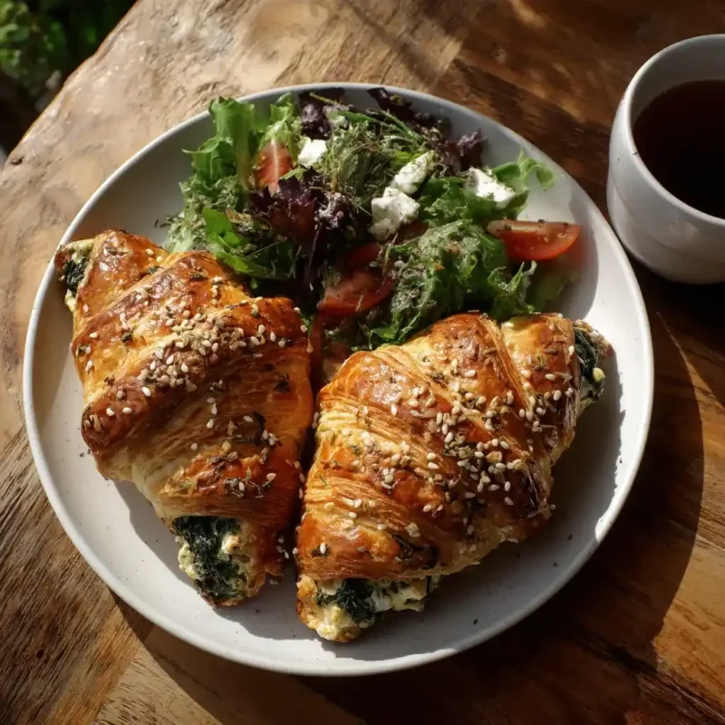 Served feta and spinach croissants on a white plate with salad and tea for brunch