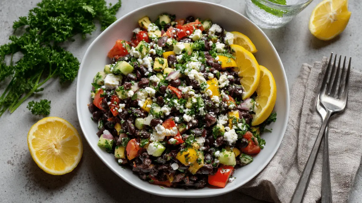 Garnished black bean salad served in a white bowl with lemon wedges and herbs
