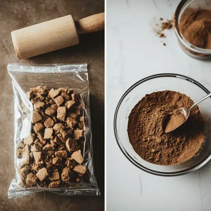 Crushing biscuits and mixing with cocoa for Lazy Cake prep