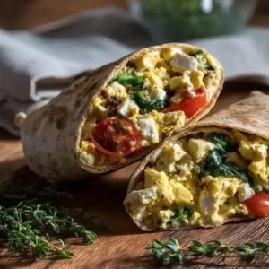 Mediterranean breakfast burrito sliced open on a rustic table with herbs and vegetables