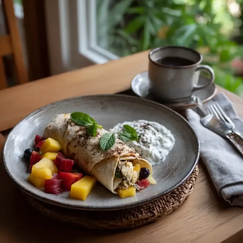 Mediterranean breakfast burrito served with fresh fruit and tea
