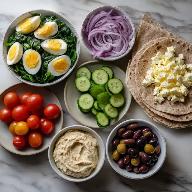 Fresh Mediterranean ingredients for a breakfast burrito arranged on a marble surface