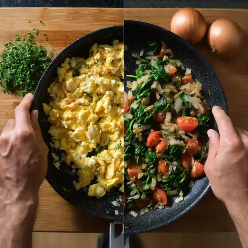 Cooking and assembling a Mediterranean breakfast burrito in a home kitchen