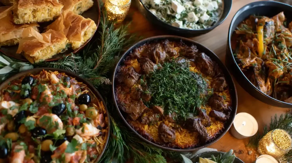 Mediterranean Christmas Dinner Table with Holiday Dishes