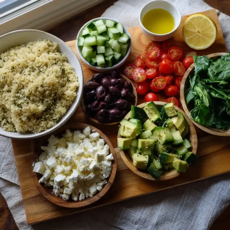 Flat lay of quinoa breakfast bowl ingredients including vegetables, olives, feta cheese, and lemon
