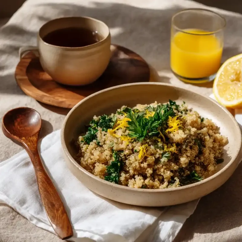 Served Mediterranean quinoa breakfast bowl with lemon wedges and herbs