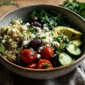 Overhead view of a Mediterranean quinoa breakfast bowl with tomatoes, cucumbers, olives, avocado, and feta cheese