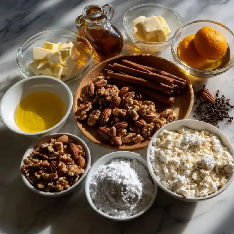 Flat lay of ingredients for Greek Christmas cookies Melomakarona and Kourabiedes