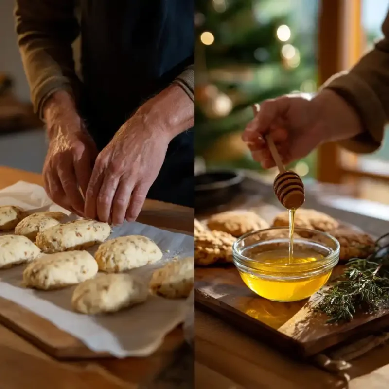 Step-by-step visuals of shaping Melomakarona and dipping them in honey syrup