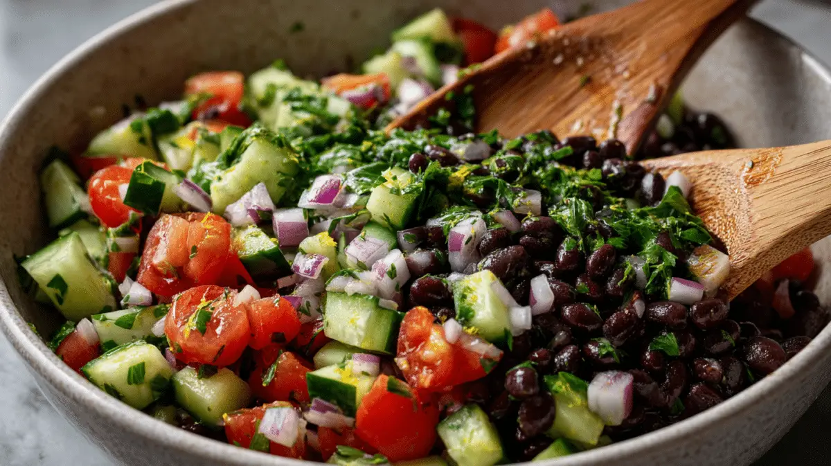 Mixing black beans, vegetables, and herbs in a bowl with olive oil and lemon dressing