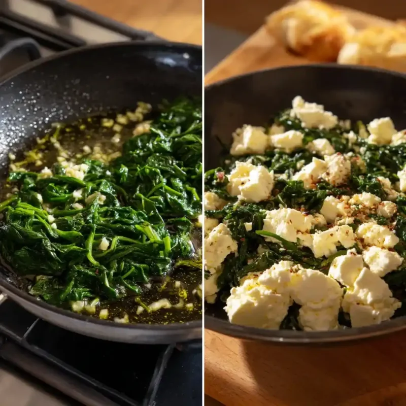 Split image showing spinach sautéing on one side and being mixed with feta on the other