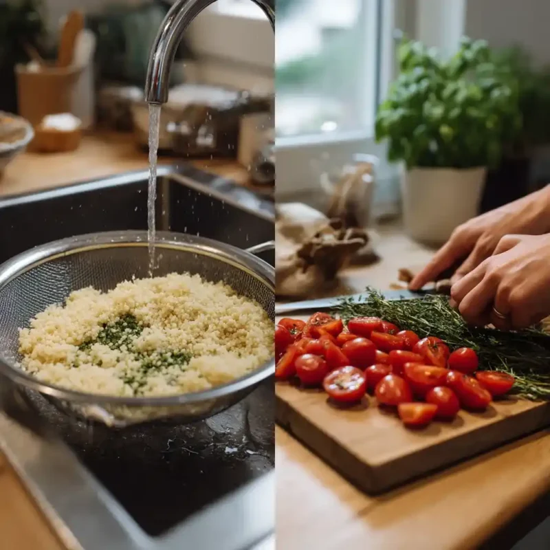 Split view of rinsing quinoa and slicing cherry tomatoes for a breakfast bowl