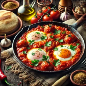 A vibrant presentation of Palestinian Shakshuka served in a traditional skillet, with a rich tomato base and poached eggs. The dish is garnished with parsley and surrounded by sides like warm pita bread and pickled vegetables on a rustic wooden table, with Middle Eastern spices and olive oil completing the scene