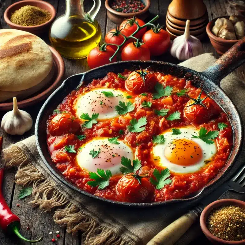 A vibrant and appetizing image of Palestinian Shakshuka served in a traditional skillet. The dish features poached eggs nestled in a rich tomato sauce, garnished with fresh parsley and surrounded by sides like warm pita bread and pickled vegetables on a rustic wooden table, evoking Middle Eastern cultural warmth."