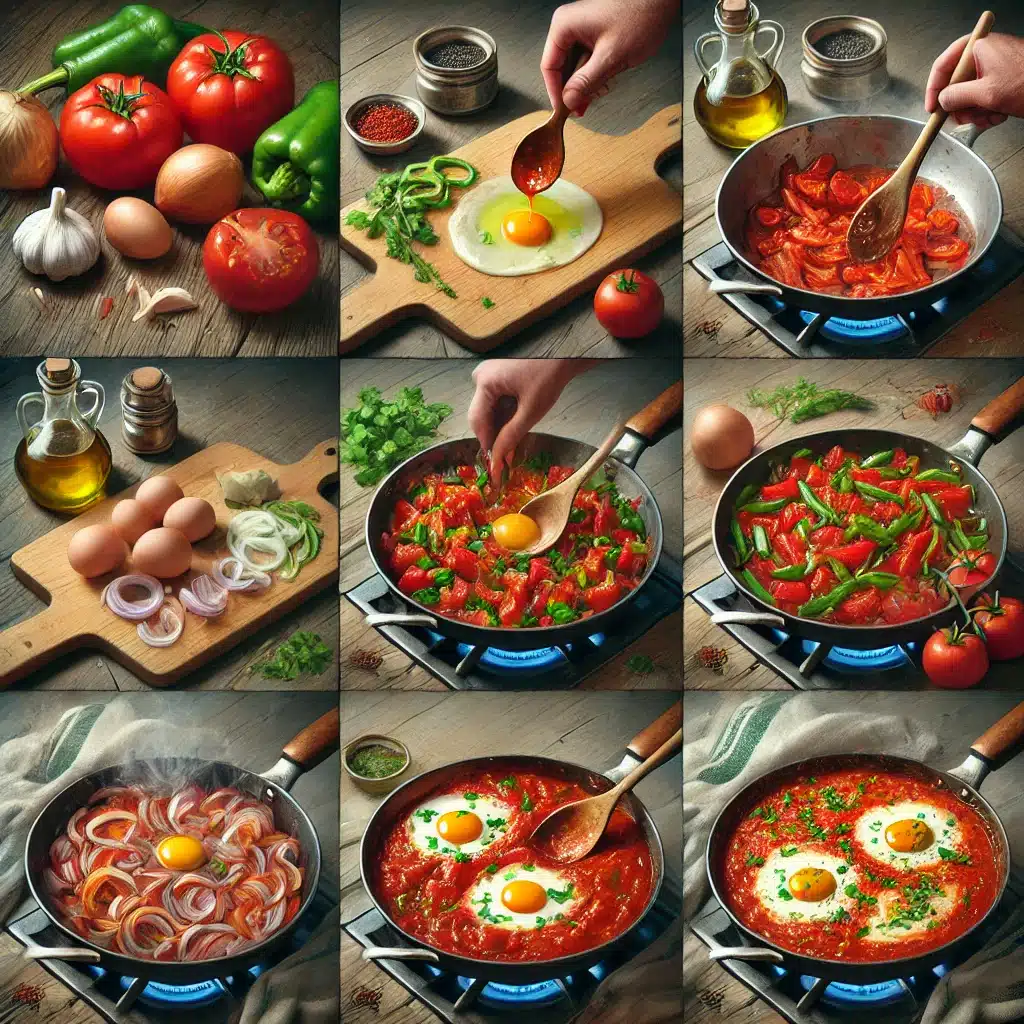 Palestinian Shakshuka preparation, featuring fresh tomatoes, onions, garlic, and green peppers being chopped on a wooden board. The process progresses with sautéed vegetables in a skillet, tomato sauce simmering, and eggs poaching in the sauce, garnished with parsley in a cozy kitchen setting
