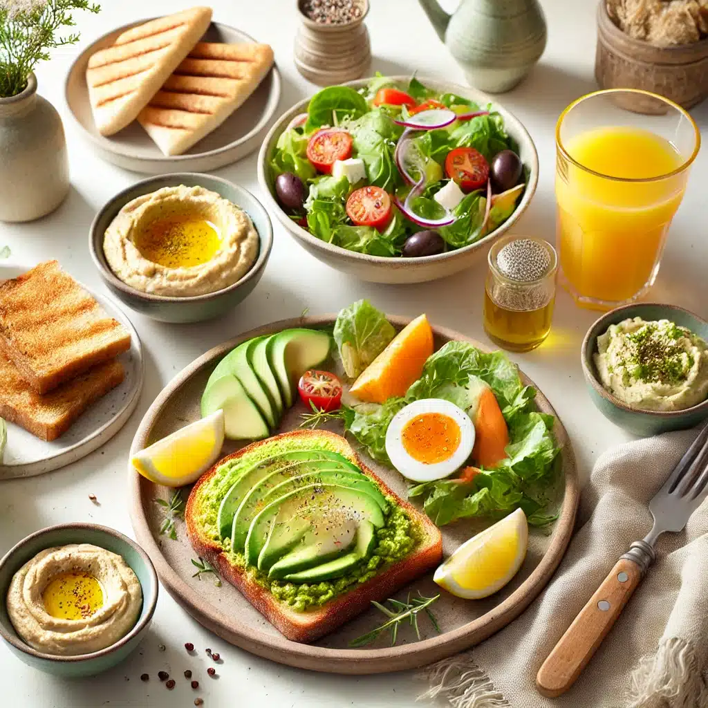 Mediterranean-style breakfast spread featuring avocado toast as the main dish, surrounded by hummus, pita bread, Greek salad, and orange juice in a light and airy setting.