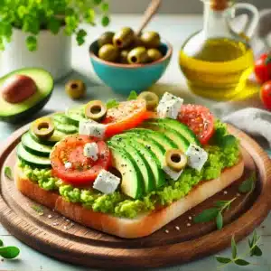A vibrant featured image of Mediterranean Avocado Toast styled on a wooden plate, topped with feta cheese, tomatoes, cucumbers, and olives, with fresh herbs and olive oil in the background for a Mediterranean ambiance.
