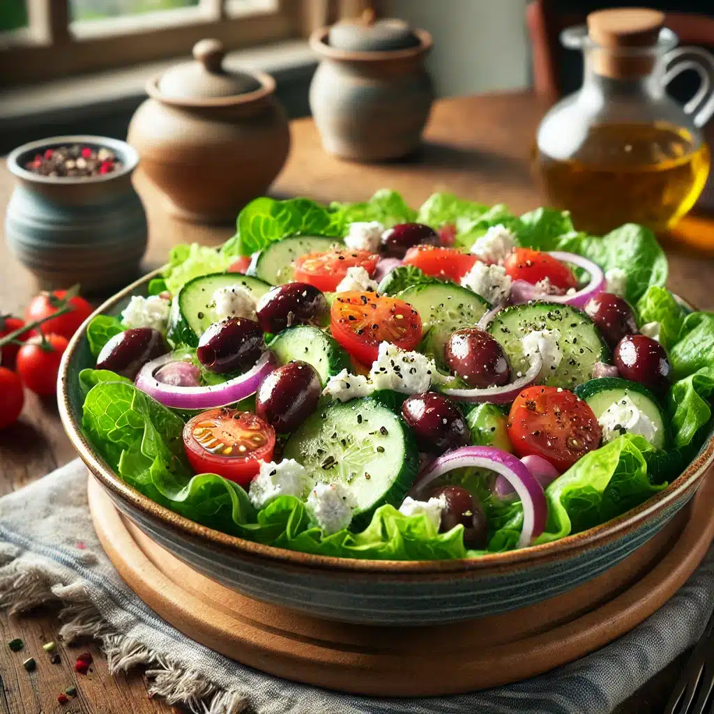 A beautifully plated Costco Mediterranean salad on a rustic wooden table. The dish features fresh romaine lettuce, cherry tomatoes, kalamata olives, cucumbers, red onions, and crumbled feta cheese, drizzled with a light vinaigrette