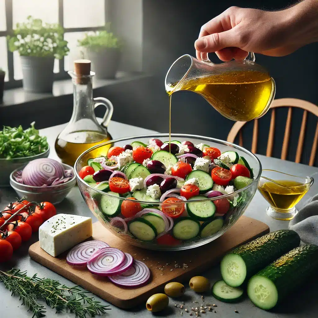 A Costco Mediterranean salad being prepared on a kitchen counter. Visible ingredients include cherry tomatoes, cucumbers, red onions, kalamata olives, and feta cheese. A hand is seen drizzling olive oil or tossing the salad in a glass bowl with scattered fresh herbs.