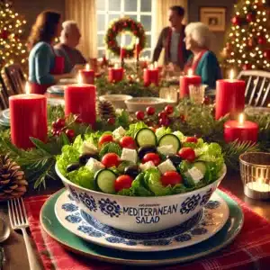 A Costco Mediterranean salad served in a festive Christmas setting with pinecones, red candles, garlands, and holiday-themed decorations, showcasing a cozy holiday dinner atmosphere