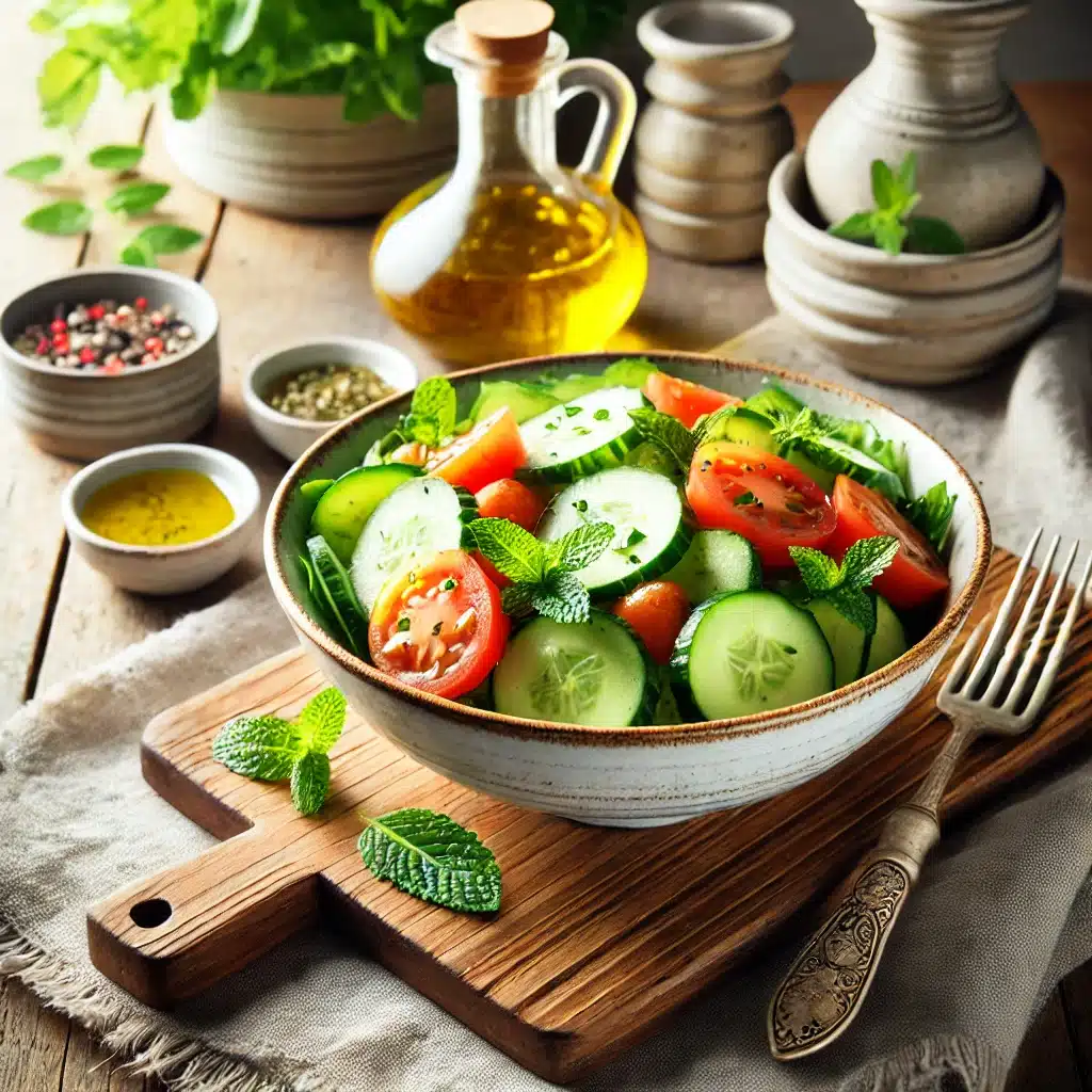 A vibrant cucumber tomato Mediterranean salad served in a stylish bowl, garnished with fresh parsley and mint, and drizzled with olive oil, placed on a rustic wooden table