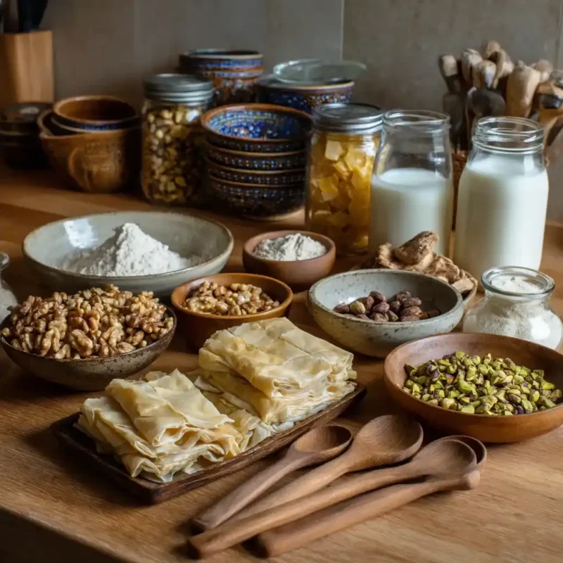 Ingredients for homemade baklava ice cream laid out on a rustic table
